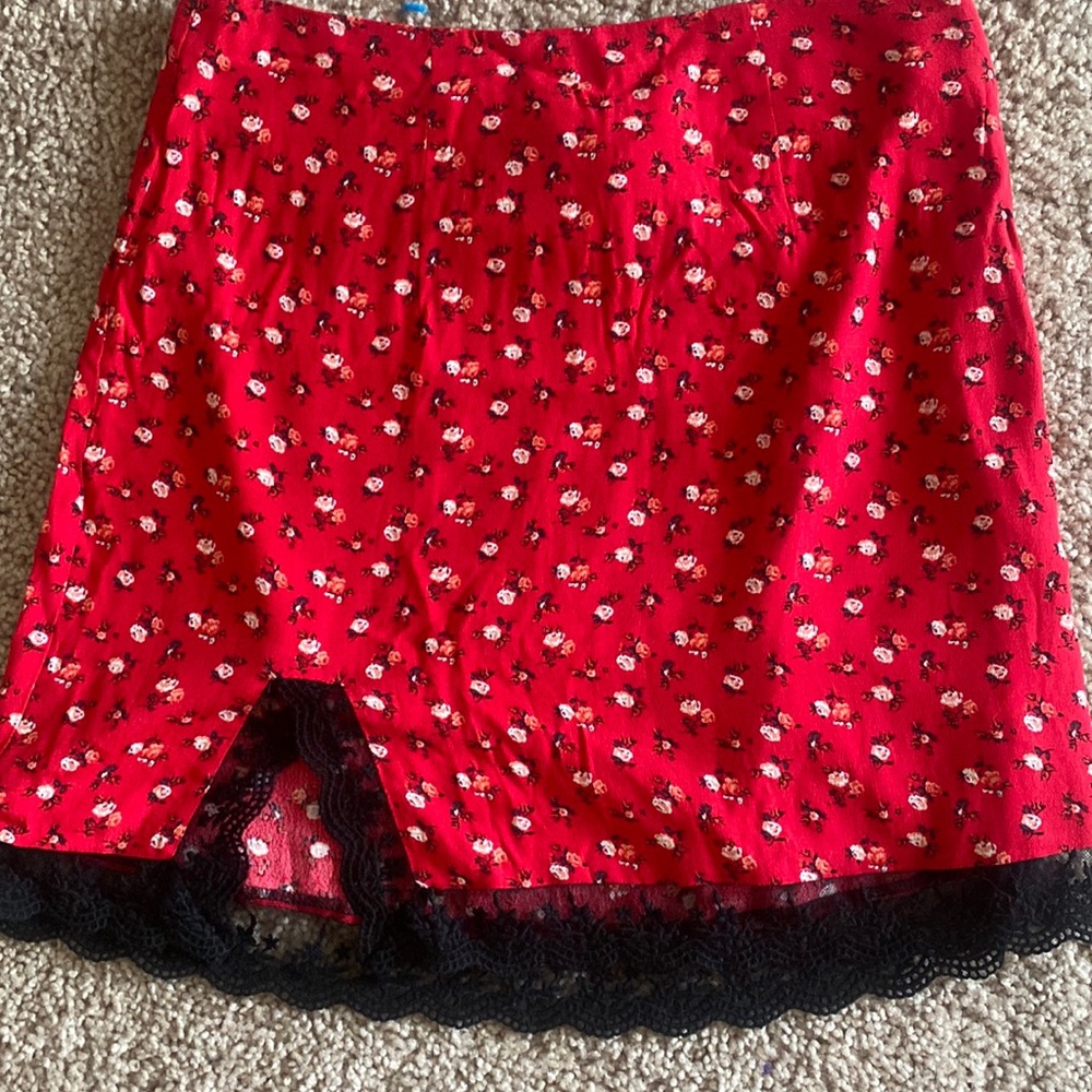 Red amoral miniskirt with lace trim